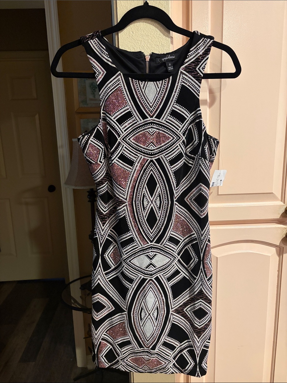 Speechless Black Dress with Rose Gold and White Geo Sequin Design